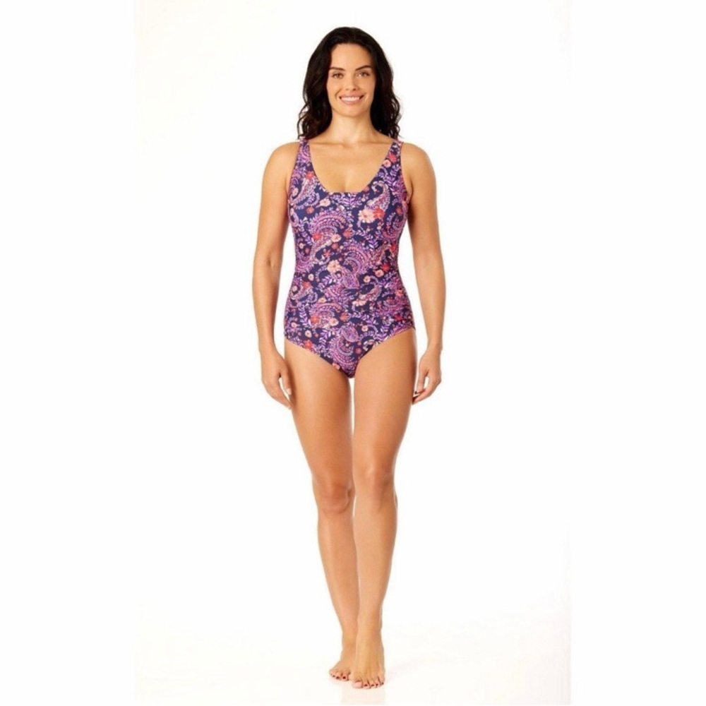 LANDS END ONE PIECE Swimsuit Pink & Purple Paisley XS Colorful Beach Coastal EUC